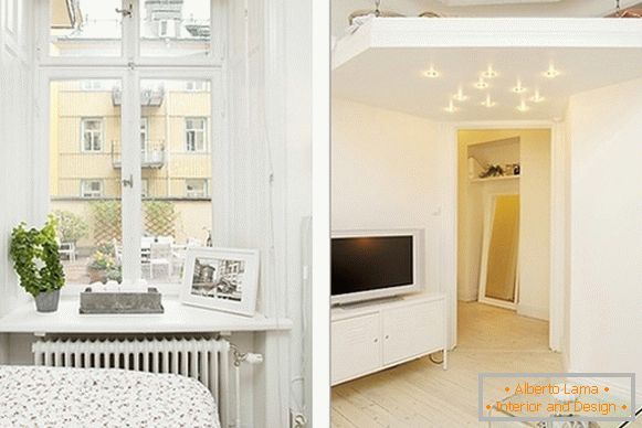 Interijer udobne spavaće sobe i dnevnog boravka u Švedskoj
