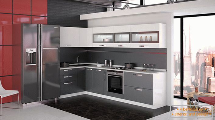Modularni namještaj u kuhinji u stilu high-tech. Uspješno rješenje za organiziranje kuhinjskog prostora. 