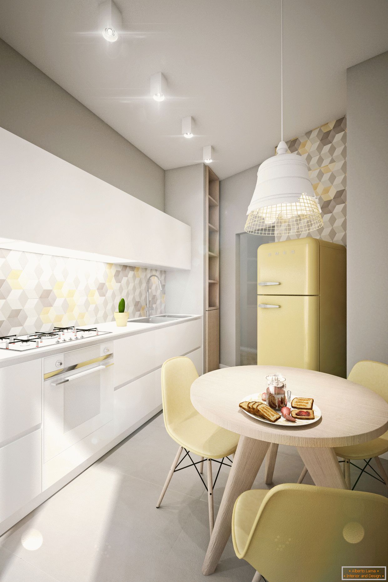 Dizajn apartman u pastelnim bojama: kuhinja