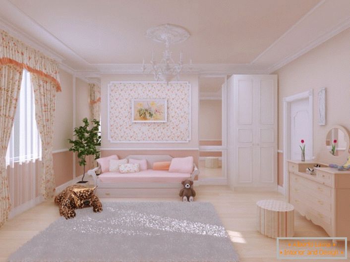 Lijepa dječja soba uređena je u stilu zemlje. Za dekor se također koristi štuko iz poliuretana. 