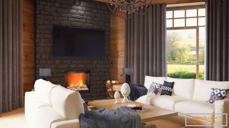 Dnevni boravak u planinskom stilu - 70 fotografija