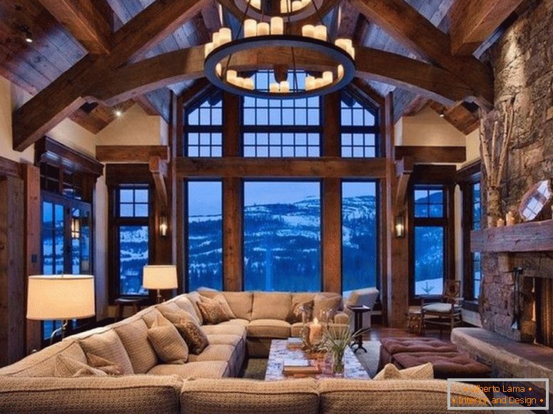 Dnevni boravak u planinskom stilu - 70 fotografija