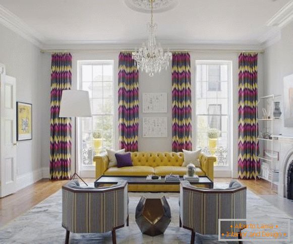 Žuto-siva dnevna soba u modernom stilu na fotografiji