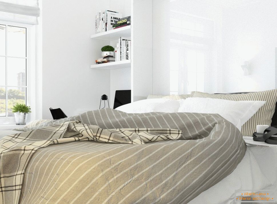 Unutarnje uređenje spavaće sobe u stilu bijelog minimalizma