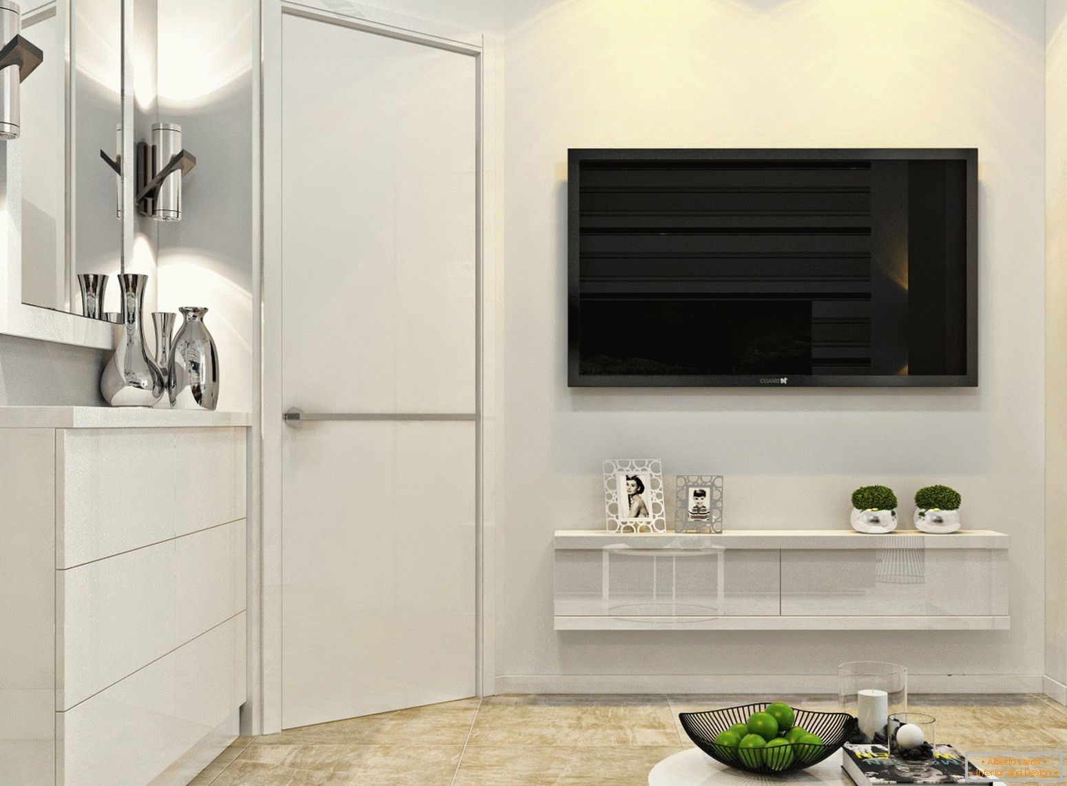 TV na zidu u unutrašnjosti bijelog minimalizma