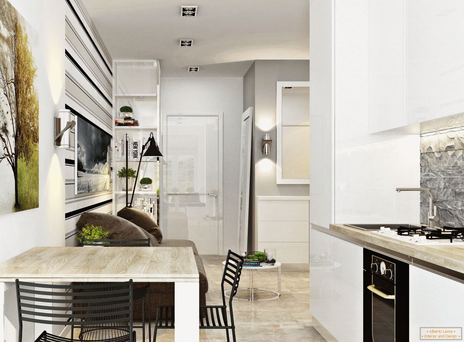 Unutrašnjost kuhinje i blagovaonice u stilu bijelog minimalizma