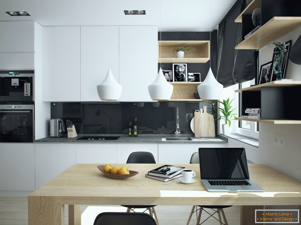 Interijer malog stana u kontrastnim bojama - кухня
