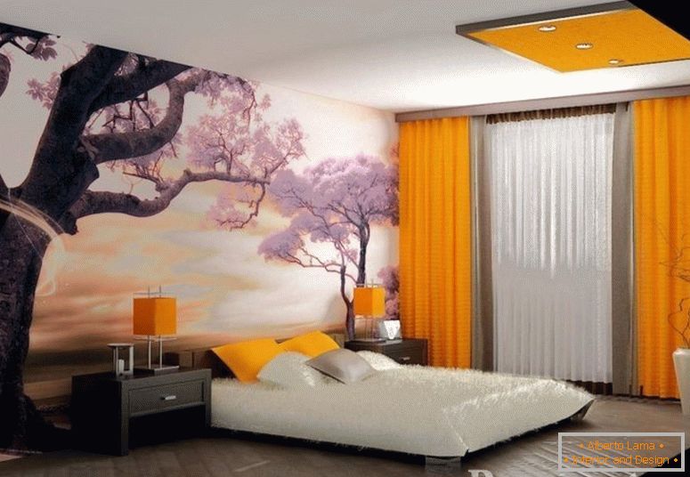Foto pozadine sa sakura i narančaste zavjese u spavaćoj sobi