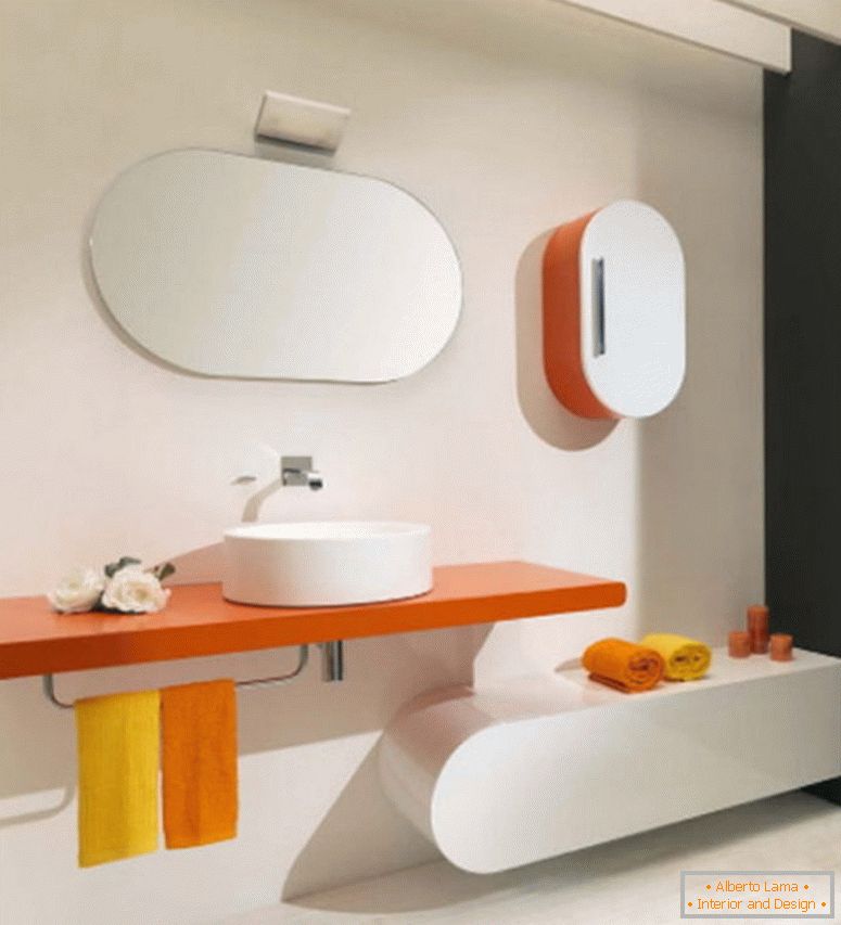 ljepota-bijelo-koncept-domaće interijera dizajn-za-suvremena-s-narančasto-pomičnim rack-ima-a-porculan-plovila-sudoper-i-ručnik-stalci plus-ovalnog zida-ogledalo-frameless- s-novim-kupatila-ideje-i-luksuzni-ba