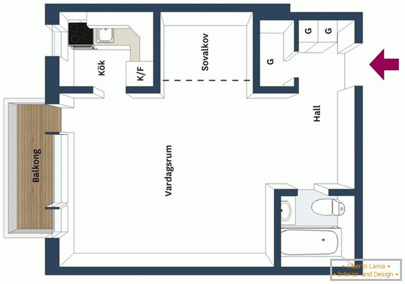 Raspored studio apartmana sa spavaćom sobom ispod stropa