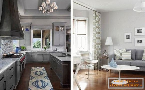 Siva boja u unutrašnjosti kuhinje i dnevnog boravka - izbor fotografija