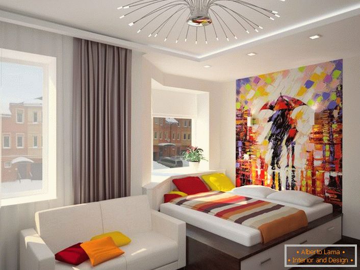 Kreativni dizajn spavaće sobe u secesijskom stilu. Korištenje svijetlih sočnih boja čini boravak stvarno ugodnim i toplim.