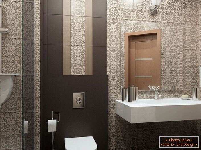 Za dekor kupaonice dizajner je uzeo keramičke pločice u stilu Art Deco. Razrađeni uzorak izduženog oblika vizualno povećava stropove.