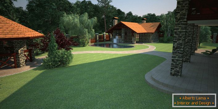 Dizajn dvorišta seoskog doma obavlja se uzimajući u obzir slijetanje engleskog travnjaka. 
