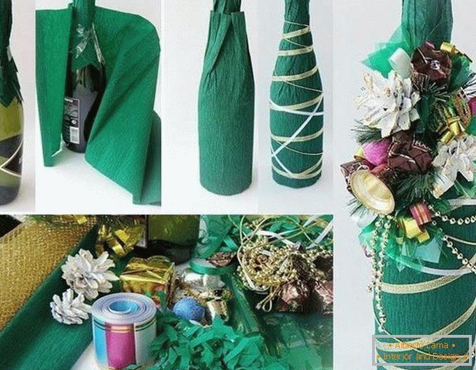 Ukrašavajući bocu pjenušca s mekim papirom i drugim dekorom