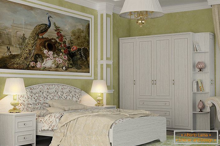 Moderan bijeli apartman dizajniran za spavaću sobu u stilu zemlje. Značajka unutrašnjosti je velika slika.