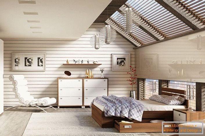 Spavaća soba u potkrovlju u skandinavskom stilu ukrašena je modularnim namještajem.