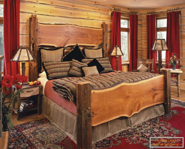 divan stol svjetiljke-i-fantastično-krevet-u-rustikalnim-sobni-ideje-sa-tradicionalni-crveni tepih