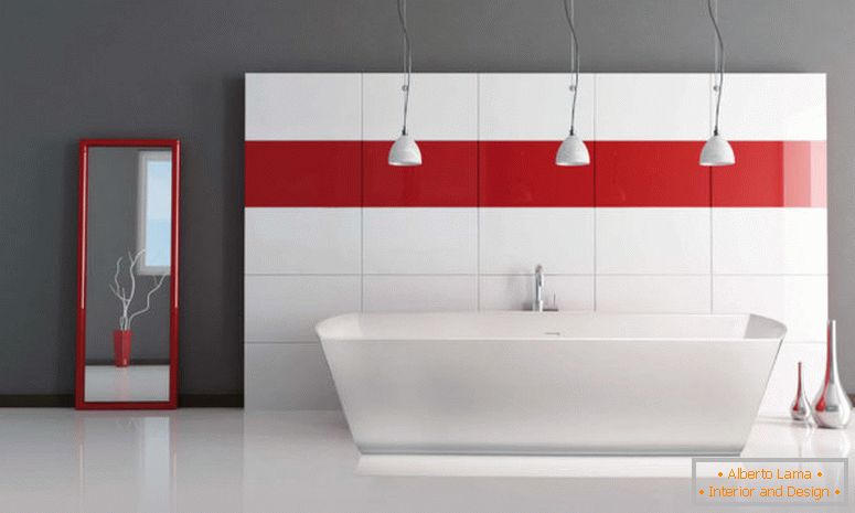 inspiraciju-kupatilo-privlačan-trostruke-industrijski-privjesak svjetala-over-samostojeći-kada-as-i-as-crvenih crta-zid-decal-as-dekoriranje-in-sivo-crvenu-kupaonica-decorating- ideje-mami-crveno-kupatilo-za