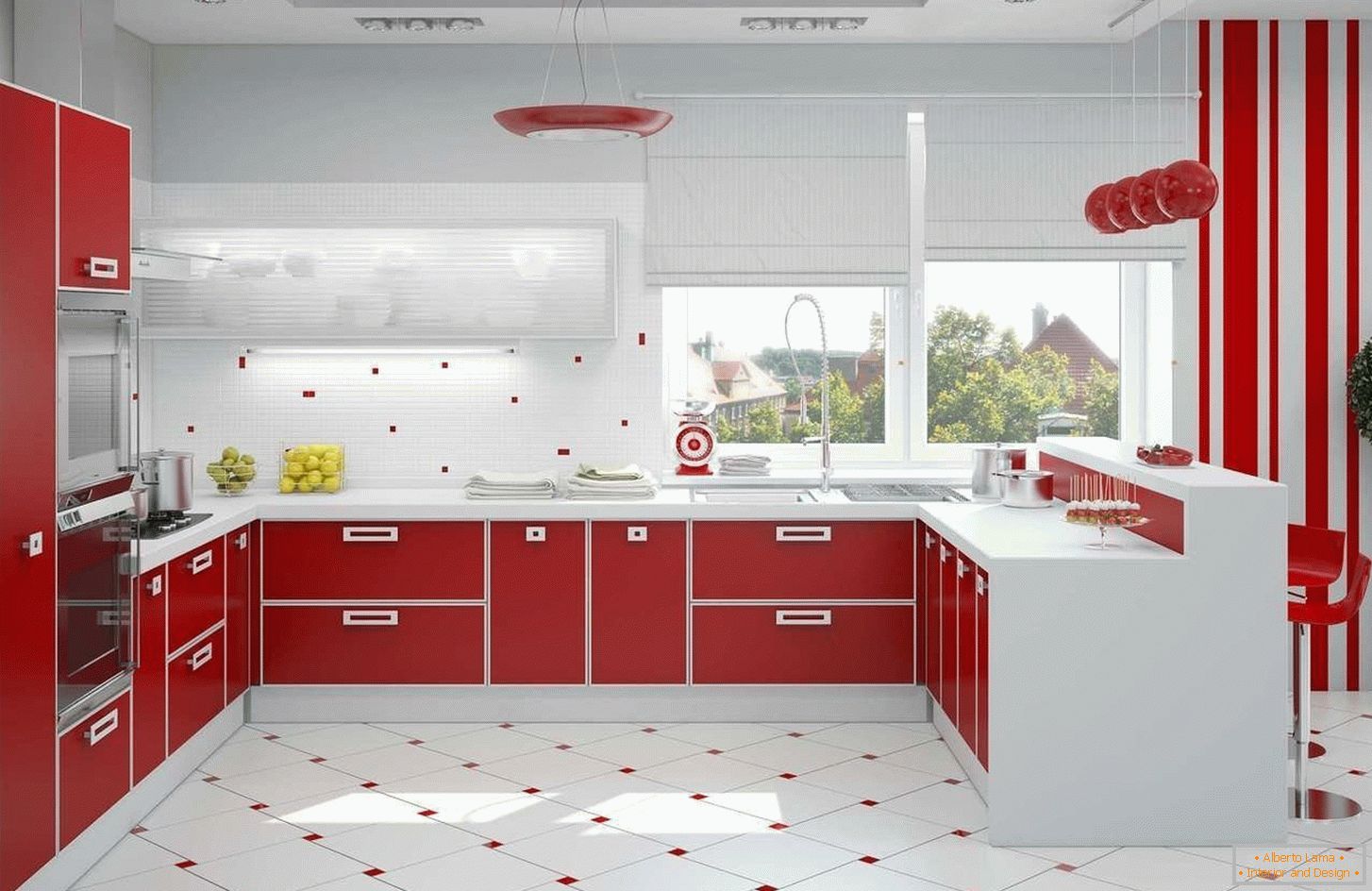Crvena i bijela kuhinja interijera