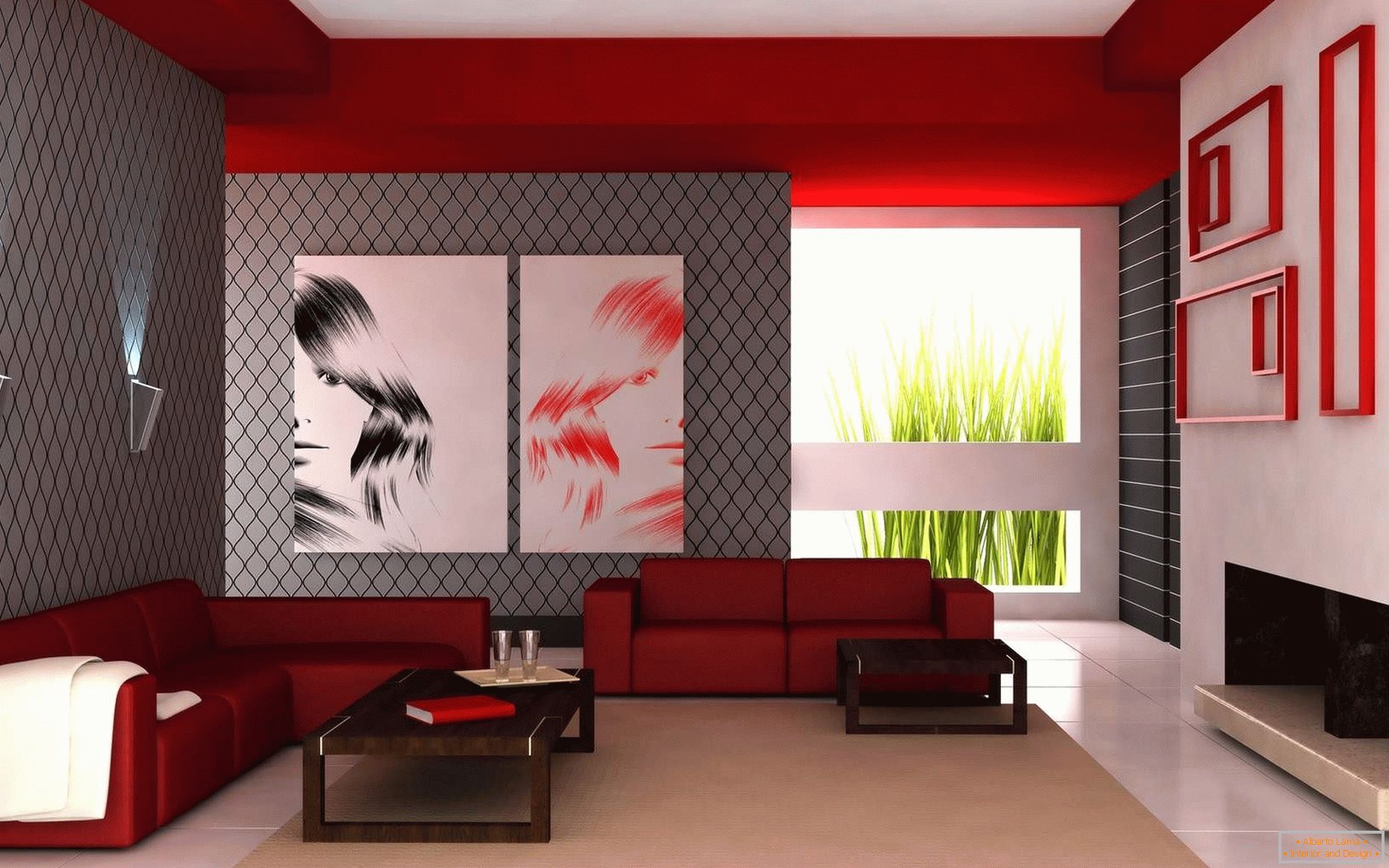 Kombinacija bijelih, crvenih i sivih boja u dnevnoj sobi