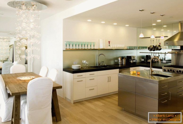 prekrasna otvorena kuhinja-dizajn-kombiniranjem-s-dining-room-koncept-dekoracija-i-šik-dining-stol-bijele stolice-cabinetary-dovršen-umjetničko-privjesak-lusteri-inspiracija