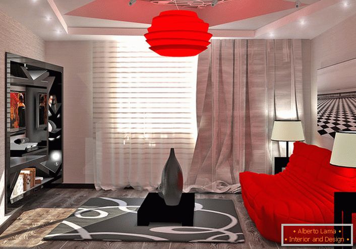 Luster u stilu visoko-tehnološki svijetle crvene boje odjekuje s pravilno odabranim namještajem.