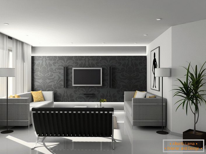 U dizajnu gostinjskih soba u hi-tech stilu, koriste se uglavnom strogi geometrijski oblici i nijanse sive.
