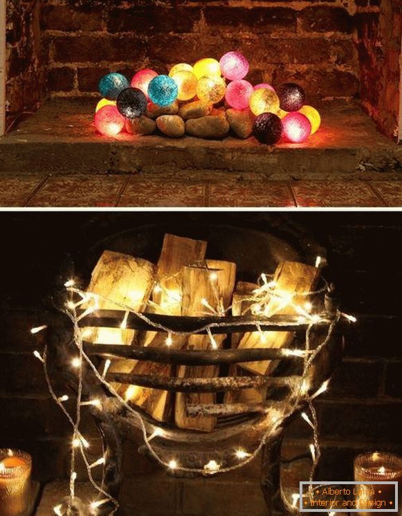 LED kuglice od garland i obične kao kamin dekor