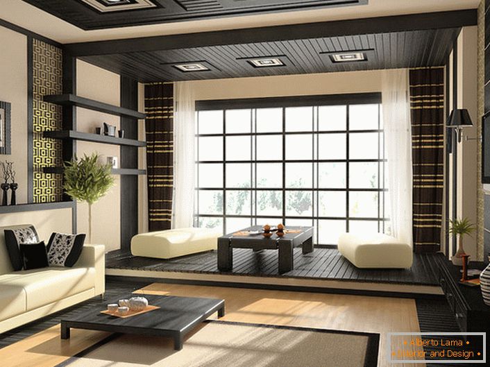 Laconizam, jednostavnost, karakteristične boje i dekor japanskog stila u unutrašnjosti dnevne sobe.