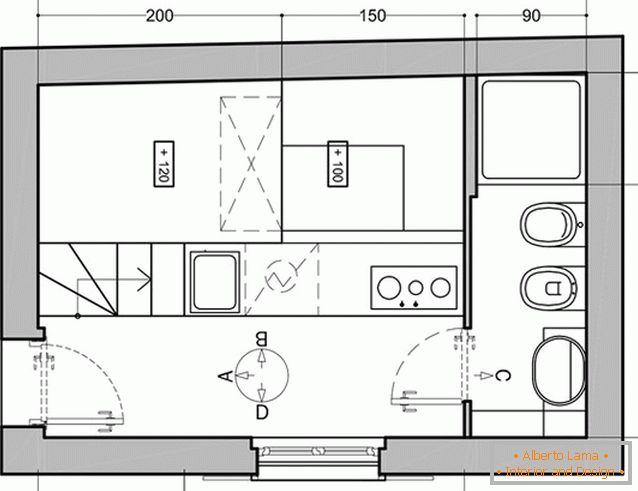 Izgled prve razine malog studio apartmana u Milanu