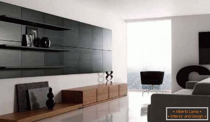 Stil minimalizma je značajan za korištenje praktičnih police za uređenje dnevne sobe.