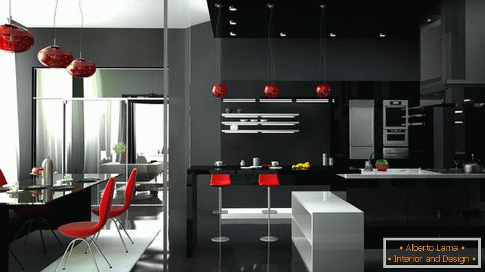 Elegantna studio soba s originalnim high-tech namještajem. Crvena boja uvijek izgleda na crno-bijeloj pozadini interijera.