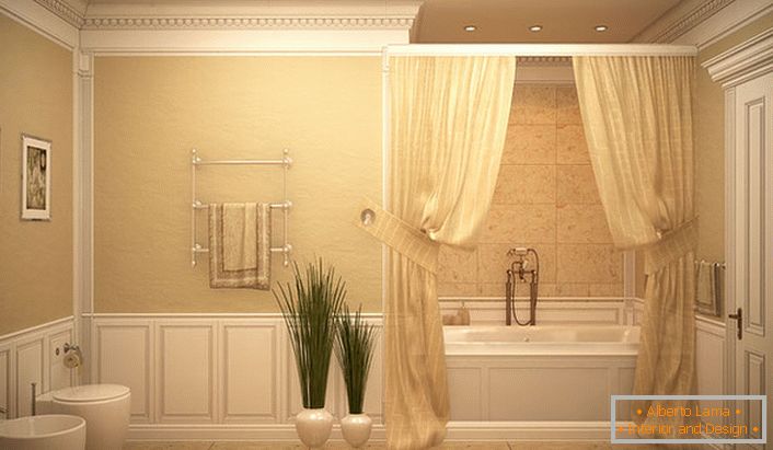 Kupaonica je prekrivena svjetlosnim zavjesama u stilu romantizma.