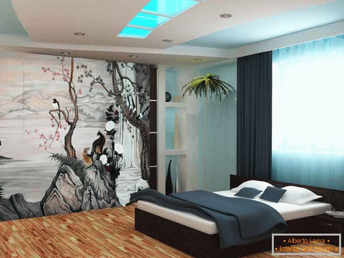 Kako bi ukrasili zidove spavaće sobe u stilu japanskog minimalizma, korištena je pozadina s fotografskim tiskom. Tematsko crtež čini sastav originalnim i cjelovitim.