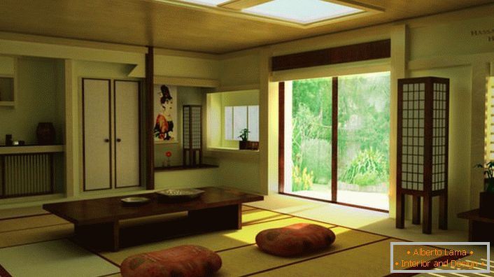 O prisutnosti japanskog minimalizma u dnevnoj sobi u ladanjskoj kući govori o pravom namještaju. Niski stol je idealan za kućno pijenje čaja. 