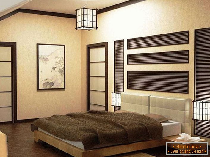 Spavaća soba u stilu japanskog minimalizma ukrašena je bež i smeđim tonovima. Pozornost se privlači rasvjetnim uređajima. Stropni luster izrađen je u jednom dizajnu s noćnim svjetiljkama. 