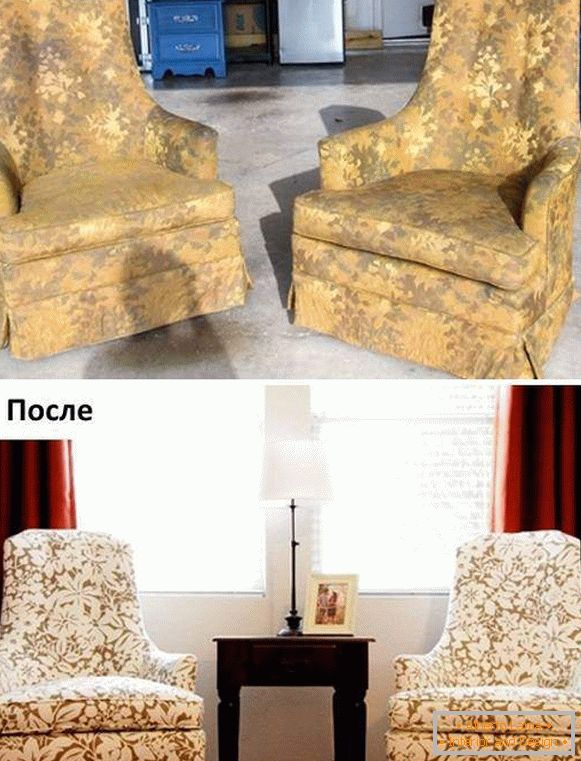 Popravak tapeciranog namještaja - fotografija fotelja prije i poslije