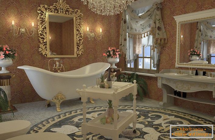 Dizajn projekt za elegantnu kupaonicu u stilu Empire. Izuzetna kupaonica na četiri uzorkovane, zlatne noge, zrcalo na izrezbarenom okviru, luster od kristala kamena savršeno se slaže.