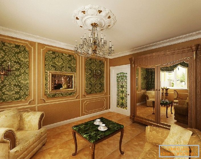 Plemenita zelena boja u kombinaciji sa žutim zlatom izgleda profitabilna u gostinjskoj sobi u amperovom stilu.