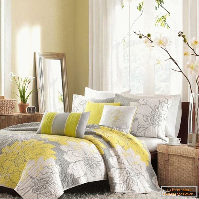 dražesnim-lijepe-cvijeće-uređenje-ideja-mješovita-sa-sivo-bijelo-spavaća soba-interijeri-plus-žuto-naglasak