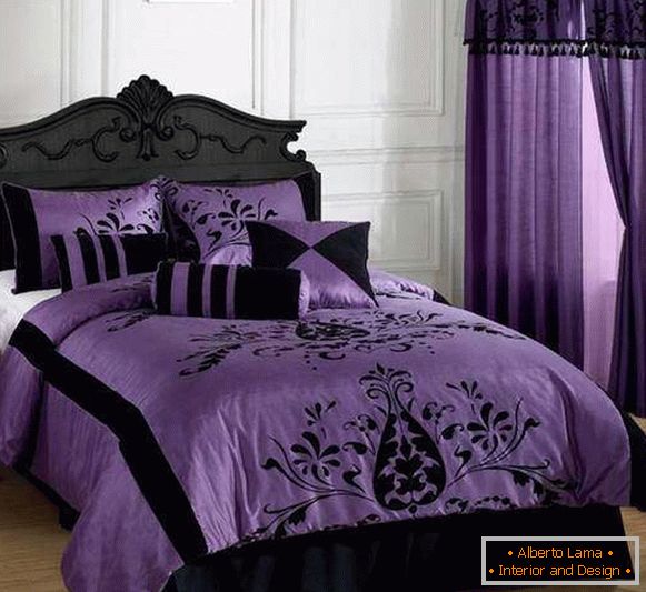 Ljubičasta spavaća soba - fotografija u kombinaciji s crnom