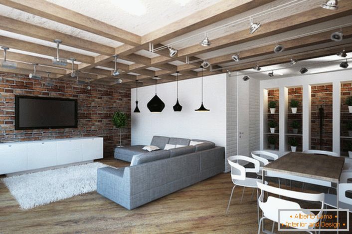 Dizajn stana u stilu potkrovlja ističe se po svojoj praktičnosti. Minimalan namještaj čini sobu prostrano i svijetlo.
