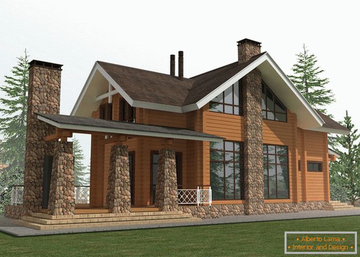 Projektni projekt seoske kuće u stilu planinske kuće temelji se na korištenju za izgradnju drvenog okvira i prirodnog kamena.