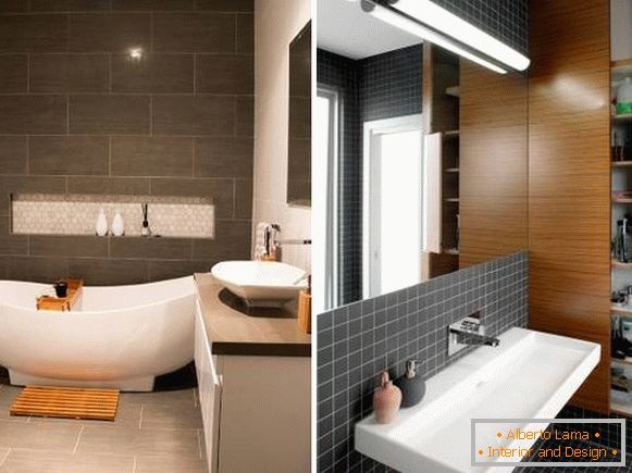 Dizajn kupaonice u tamnim bojama s bijelom vodovodnom fotografijom 2016