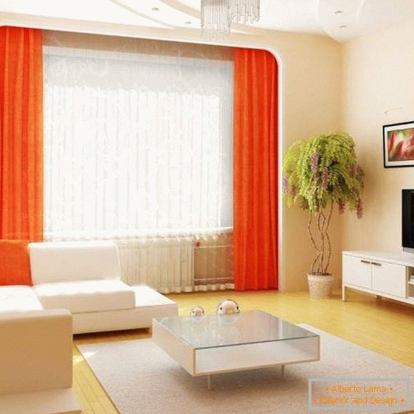 Dizajn dvorane u stanu u bijeloj s narančastim dekorom