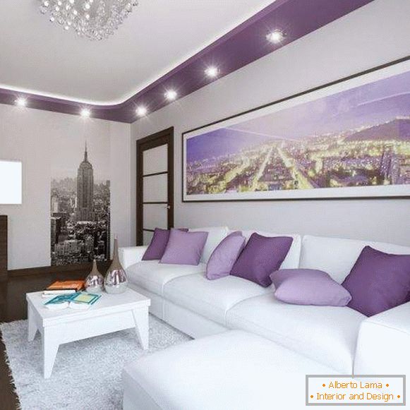 Moderni dizajn dvorane u stanu в белом и фиолетовом цвете