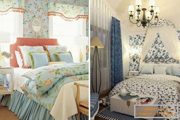 Zavjese u stilu Provence za spavaću sobu - fotografija u kombinaciji s pozadinom