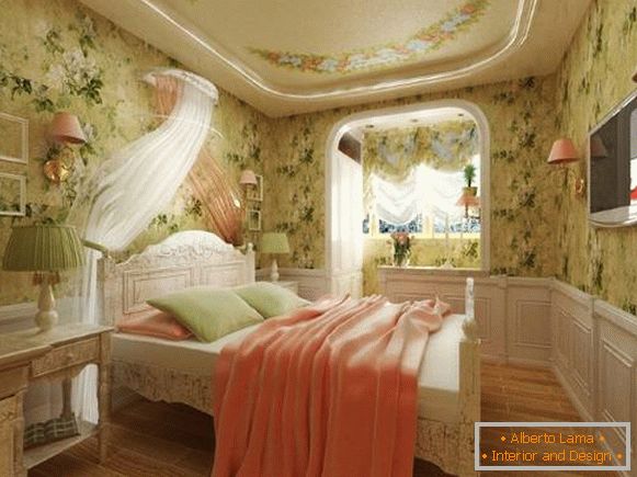 Kombinacija boja u unutrašnjosti spavaće sobe Provence - zavjese i pozadina