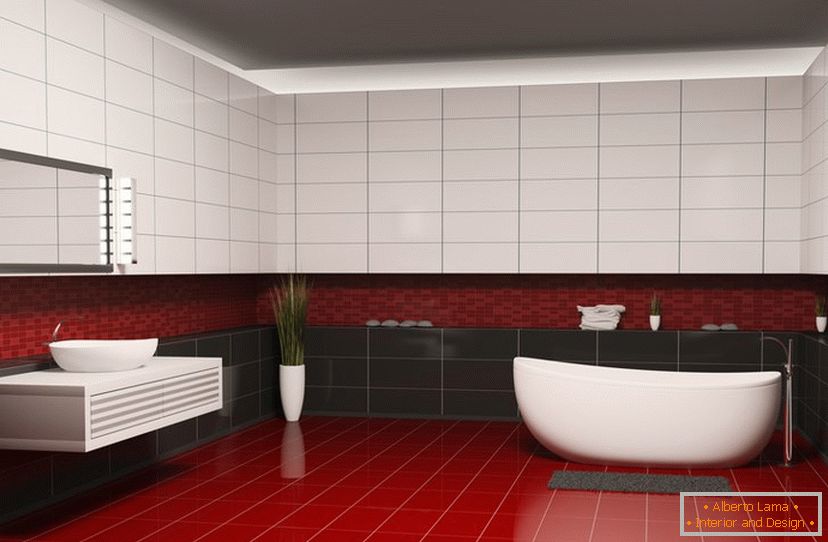 Crvene, crne i bijele pločice u dizajnu kupaonice